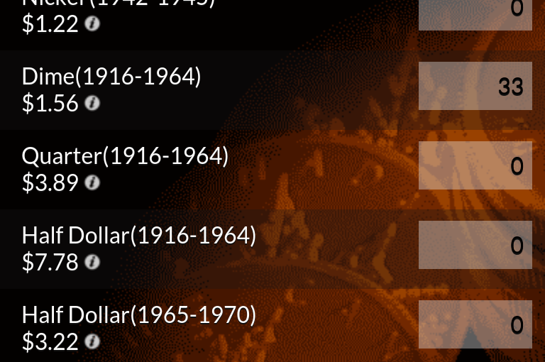 image of silver wallet app, showing coin types, with prices and quantities