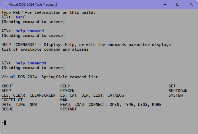 Screenshot of Visual DOS 2024 Tech Preview displaying some supported commands